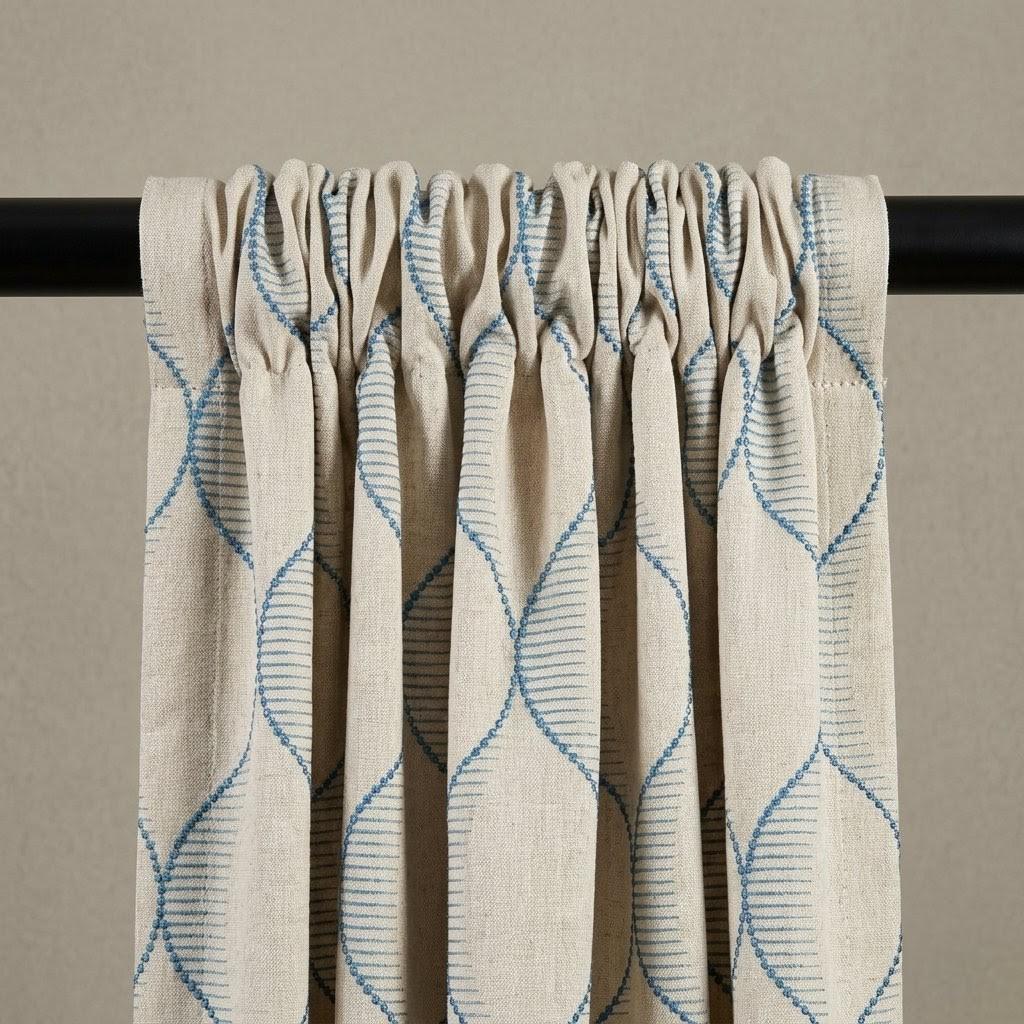 Sky Blue Geometric Embroidered Linen Curtains, Beige Ogee Trellis Panels — image 9