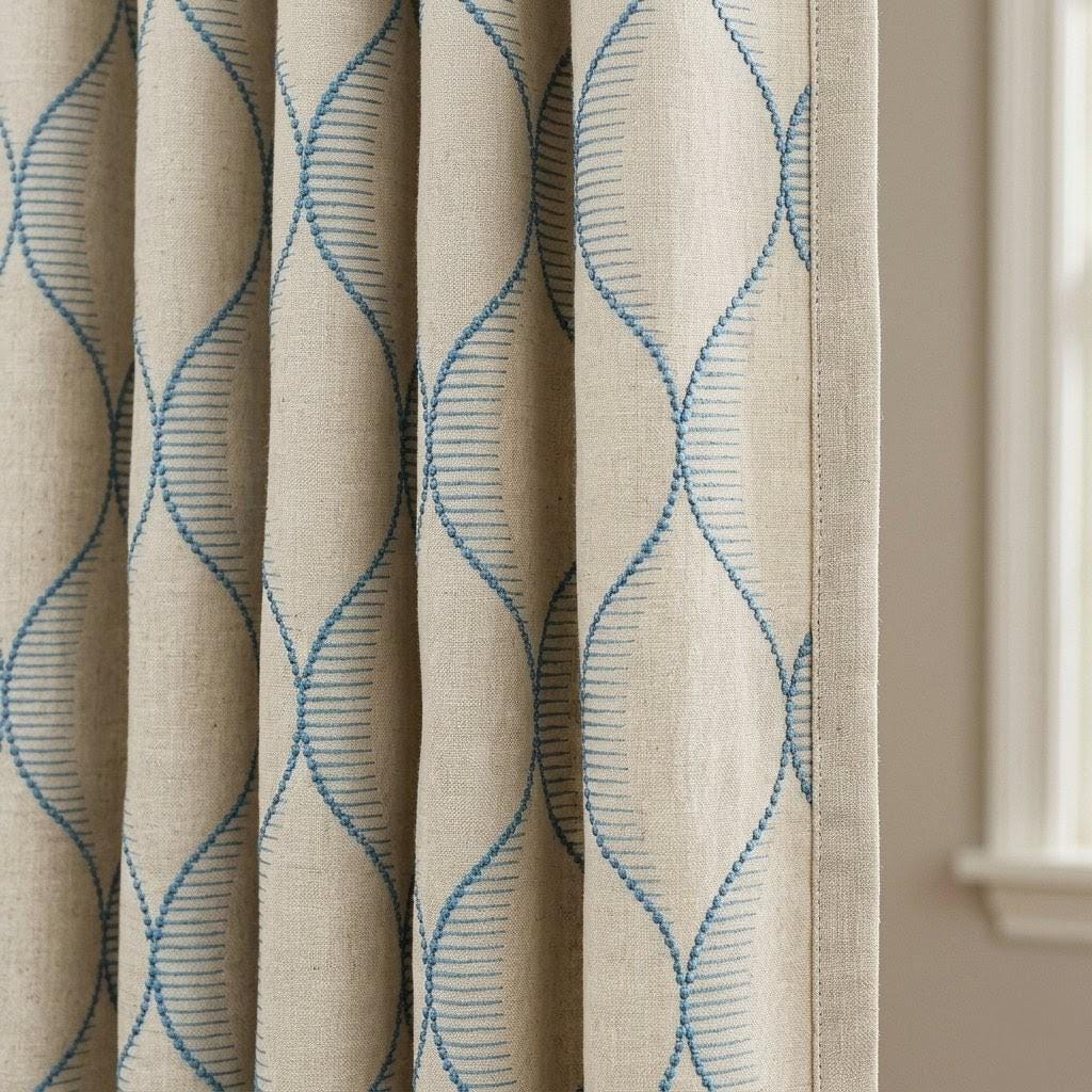 Sky Blue Geometric Embroidered Linen Curtains, Beige Ogee Trellis Panels — image 1