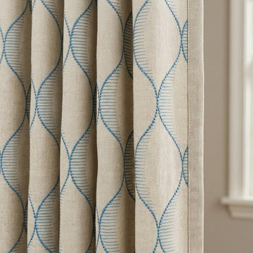Sky Blue Geometric Embroidered Linen Curtains, Beige Ogee Trellis Panels — image 1