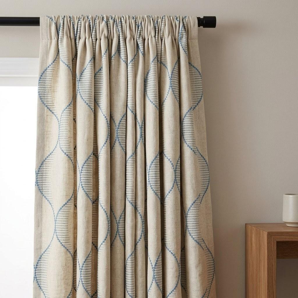 Sky Blue Geometric Embroidered Linen Curtains, Beige Ogee Trellis Panels — image 8
