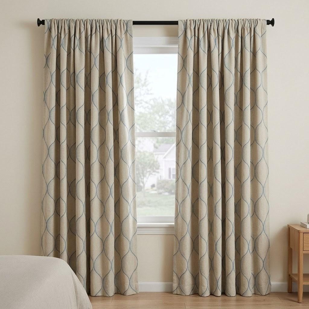 Sky Blue Geometric Embroidered Linen Curtains, Beige Ogee Trellis Panels — image 7