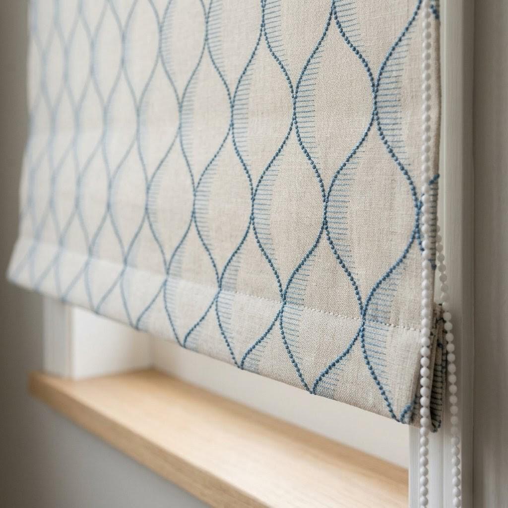 Embroidered Linen Roman Shade, Sky Blue Ogee Wave Custom Window Blind — image 5