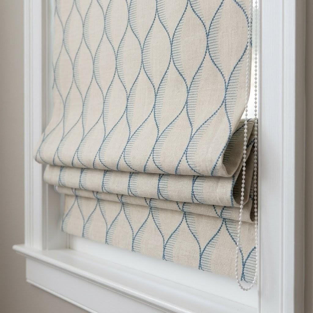 Embroidered Linen Roman Shade, Sky Blue Ogee Wave Custom Window Blind — image 3