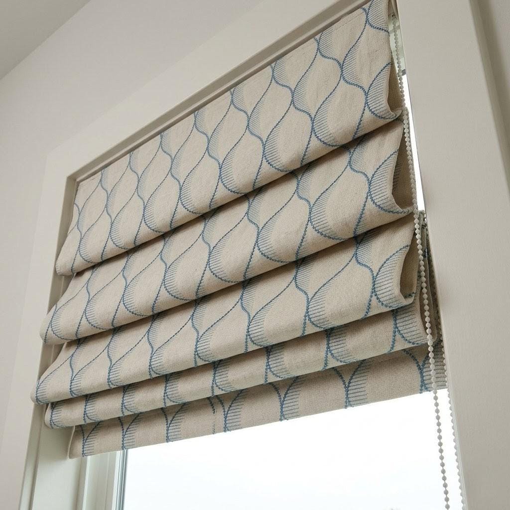 Embroidered Linen Roman Shade, Sky Blue Ogee Wave Custom Window Blind — image 6