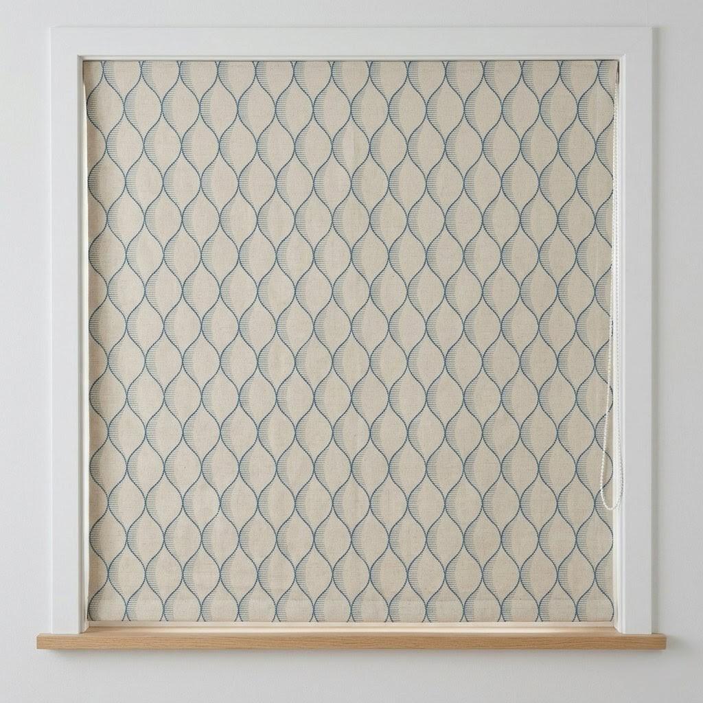 Embroidered Linen Roman Shade, Sky Blue Ogee Wave Custom Window Blind — image 1