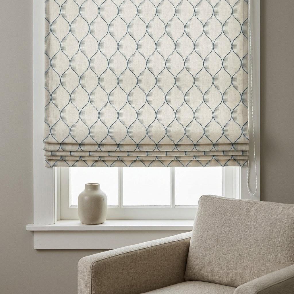 Embroidered Linen Roman Shade, Sky Blue Ogee Wave Custom Window Blind — image 4