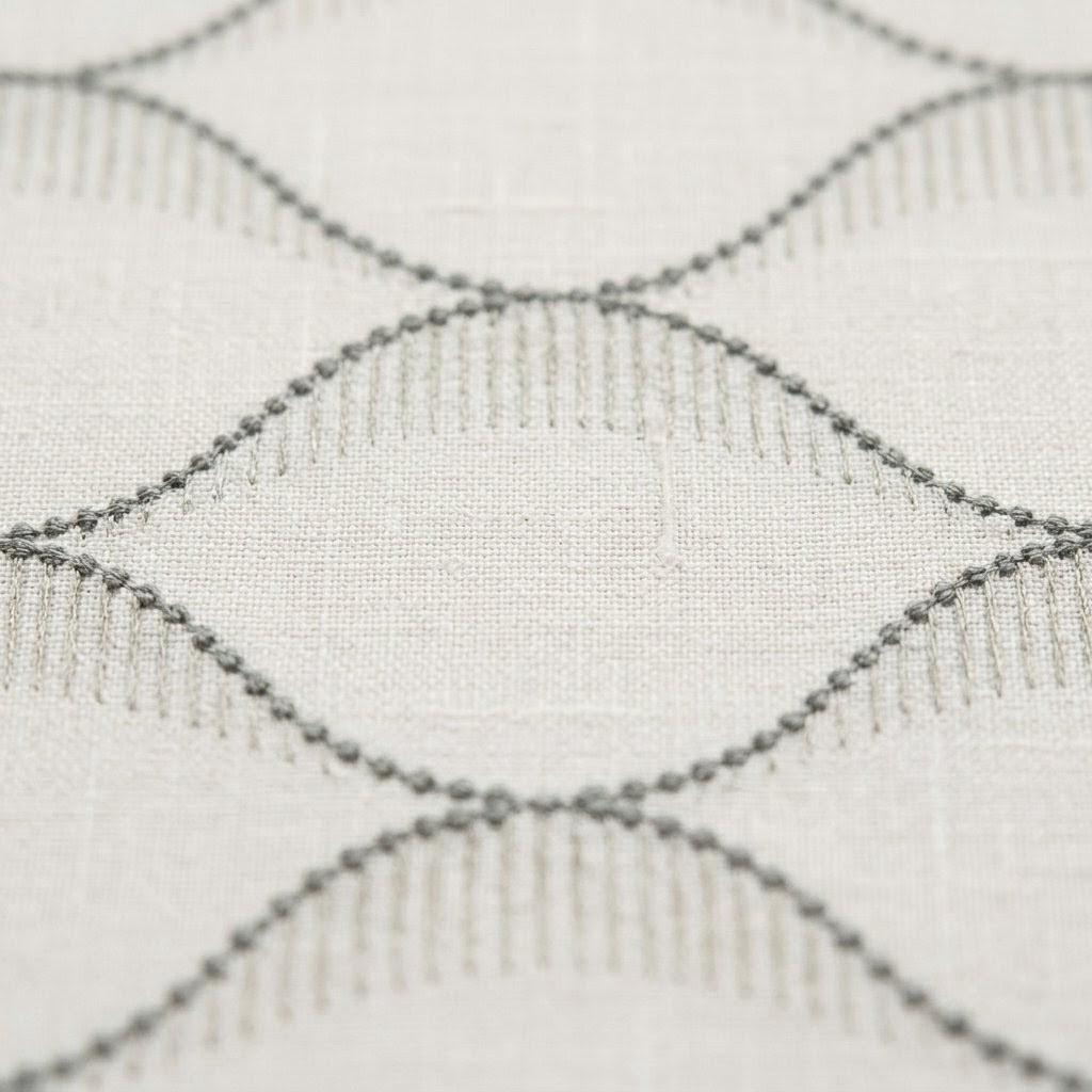 Ivory Linen Curtains, Geometric Ogee Trellis Embroidery, Cement Grey Drapes — image 4