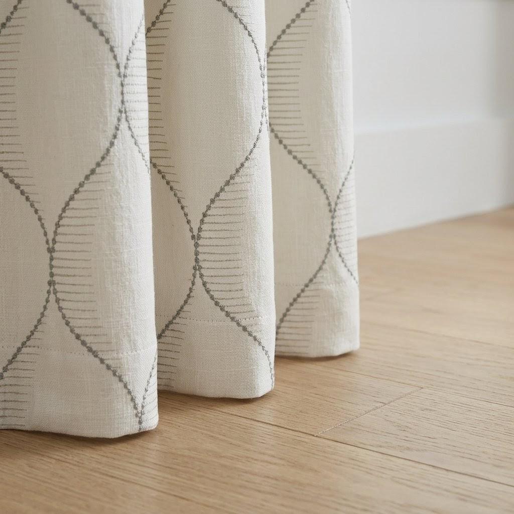 Ivory Linen Curtains, Geometric Ogee Trellis Embroidery, Cement Grey Drapes — image 3