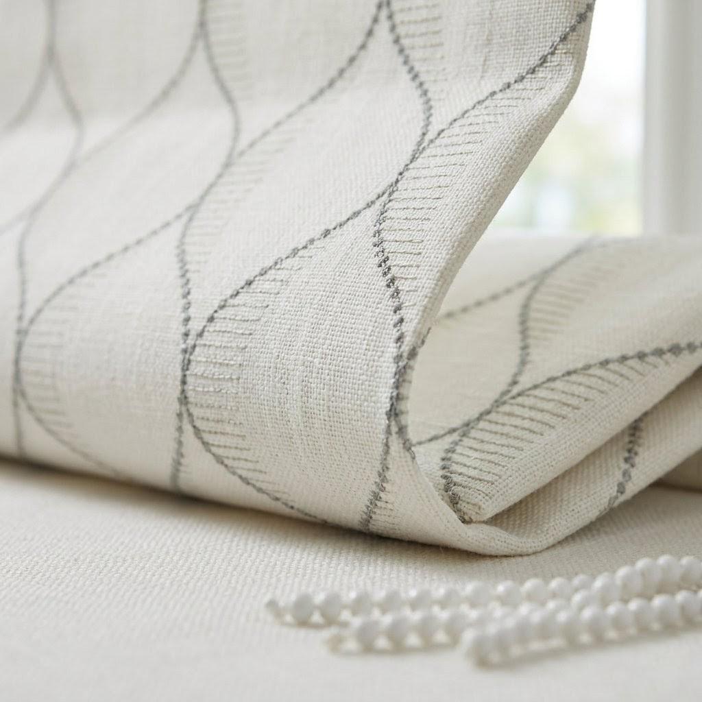 Embroidered Linen Roman Shade, Ogee Trellis Window Blind, Ivory Cement Grey Custom Mount — image 3