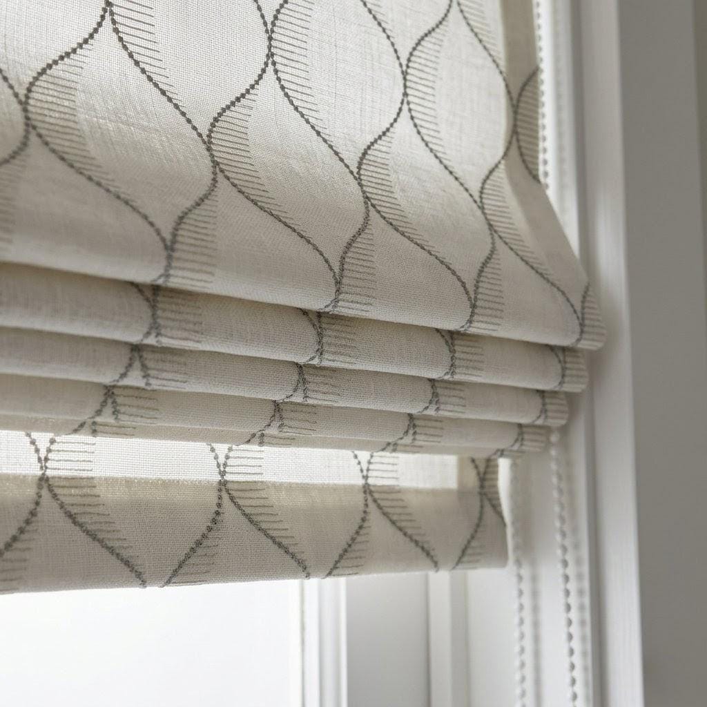 Embroidered Linen Roman Shade, Ogee Trellis Window Blind, Ivory Cement Grey Custom Mount — image 8