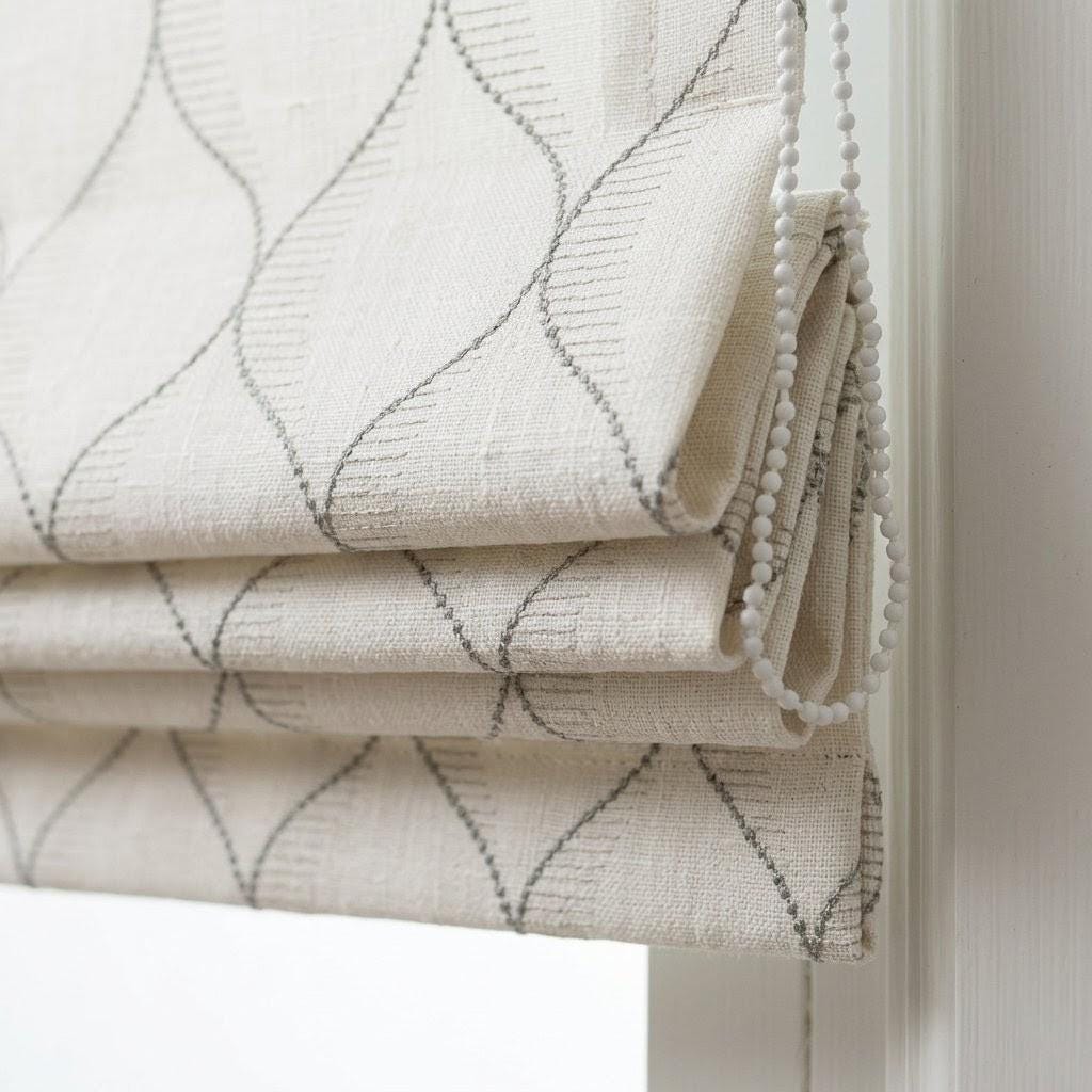 Embroidered Linen Roman Shade, Ogee Trellis Window Blind, Ivory Cement Grey Custom Mount — image 1