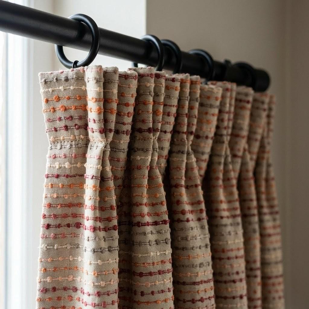 Neutral Greige Linen Embroidered Curtains, Blush Coral Dot Stripe Drapes, Custom Window Panels — image 1