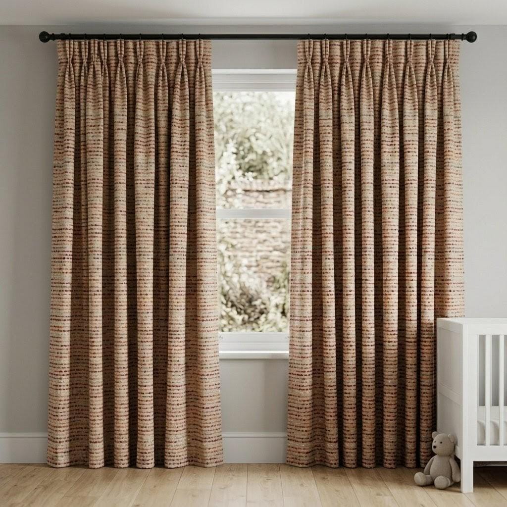 Neutral Greige Linen Embroidered Curtains, Blush Coral Dot Stripe Drapes, Custom Window Panels — image 8