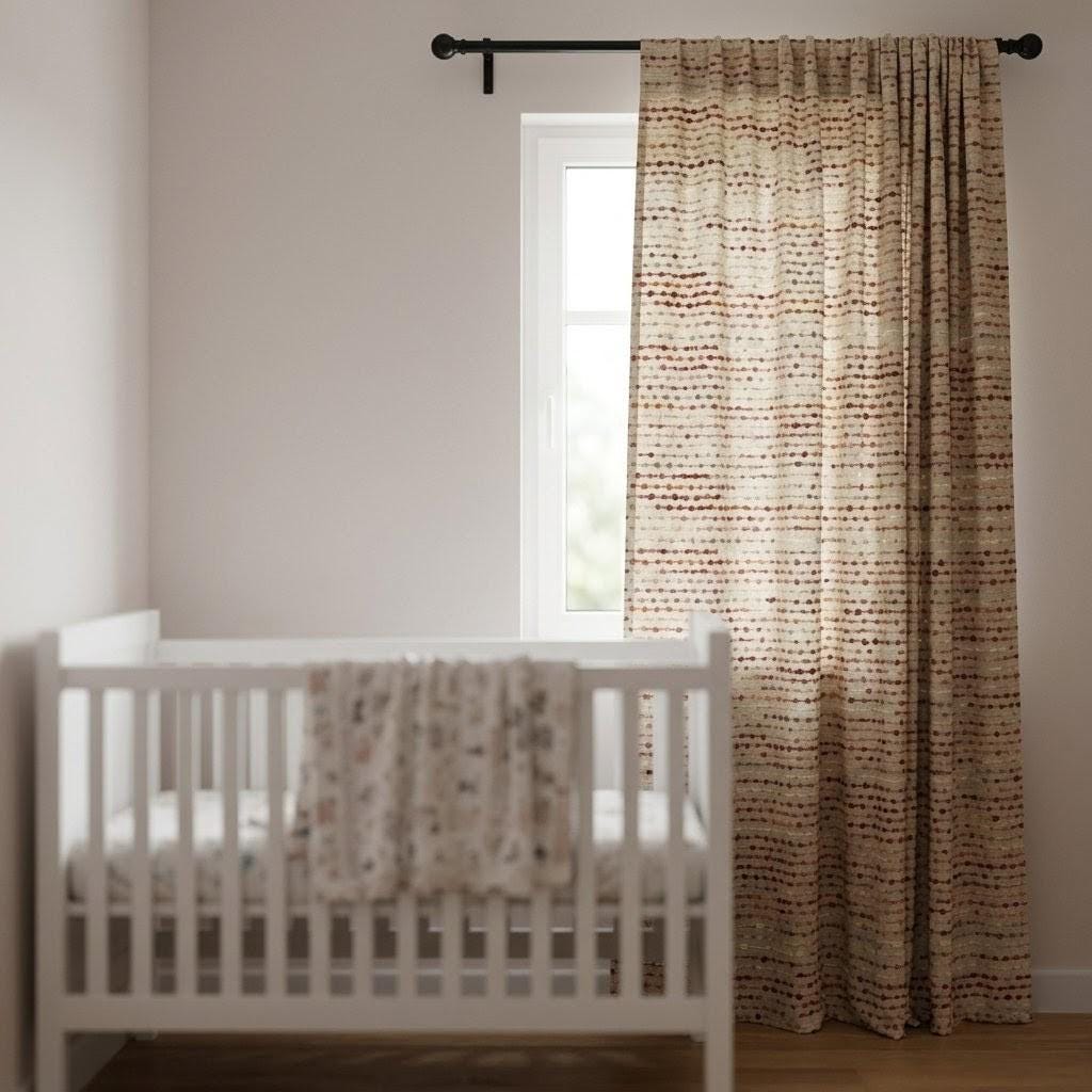 Neutral Greige Linen Embroidered Curtains, Blush Coral Dot Stripe Drapes, Custom Window Panels — image 4