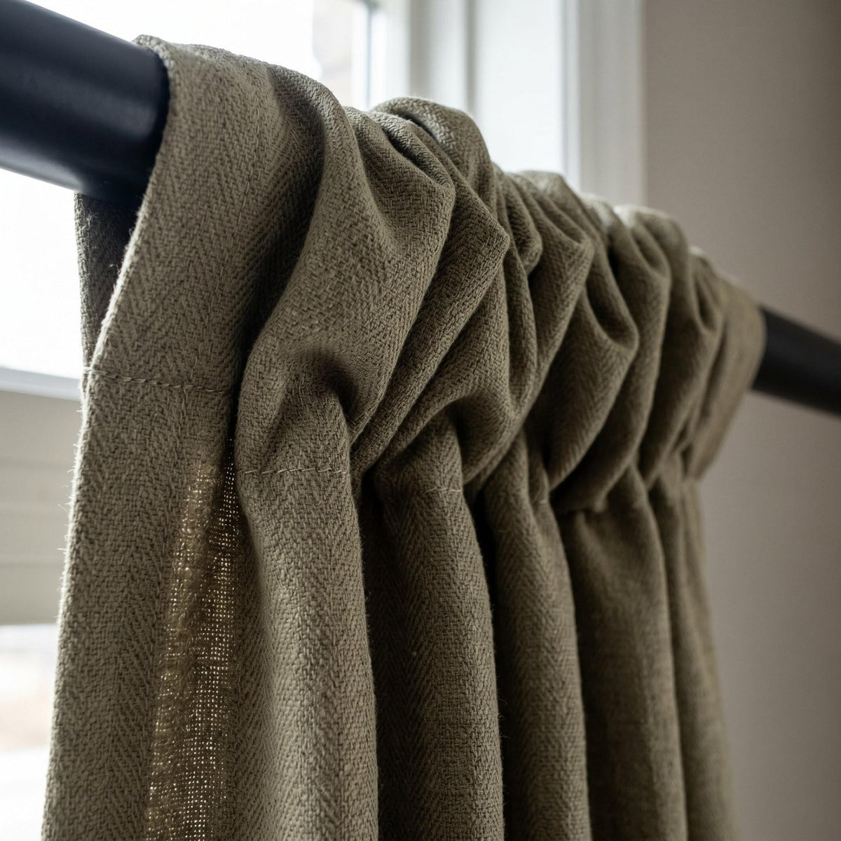 Sage Olive Herringbone Linen Curtains, Khaki Green Heavy Drapes, Rustic Farmhouse Custom Blackout or Cotton Lined — image 4