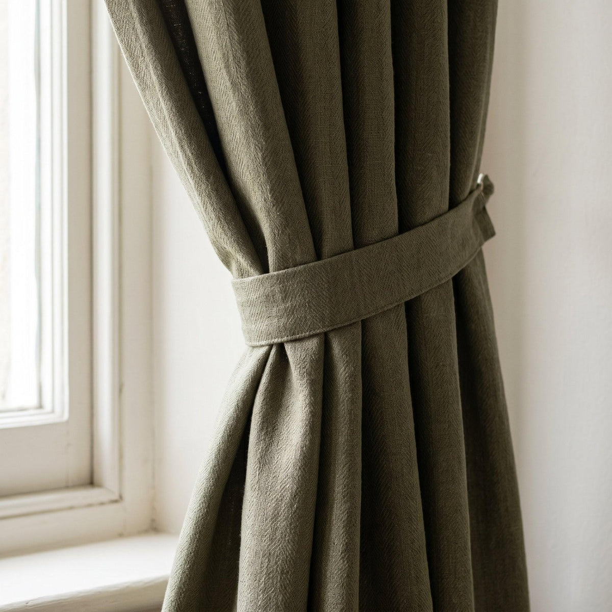 Sage Olive Herringbone Linen Curtains, Khaki Green Heavy Drapes, Rustic Farmhouse Custom Blackout or Cotton Lined — image 3