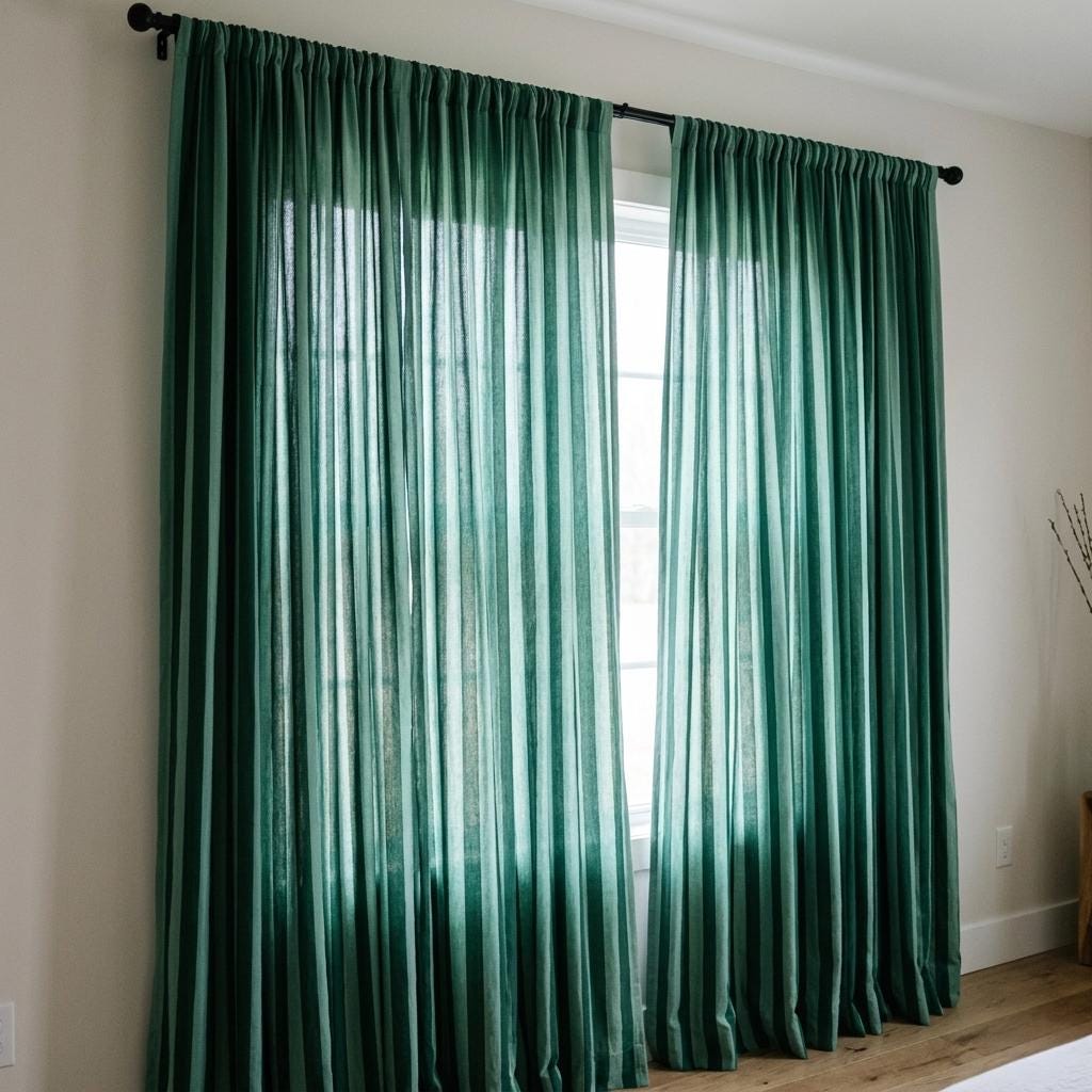 Green Striped Organic Cotton Curtains, Hand Block Print Drapes, Custom Panel — image 4