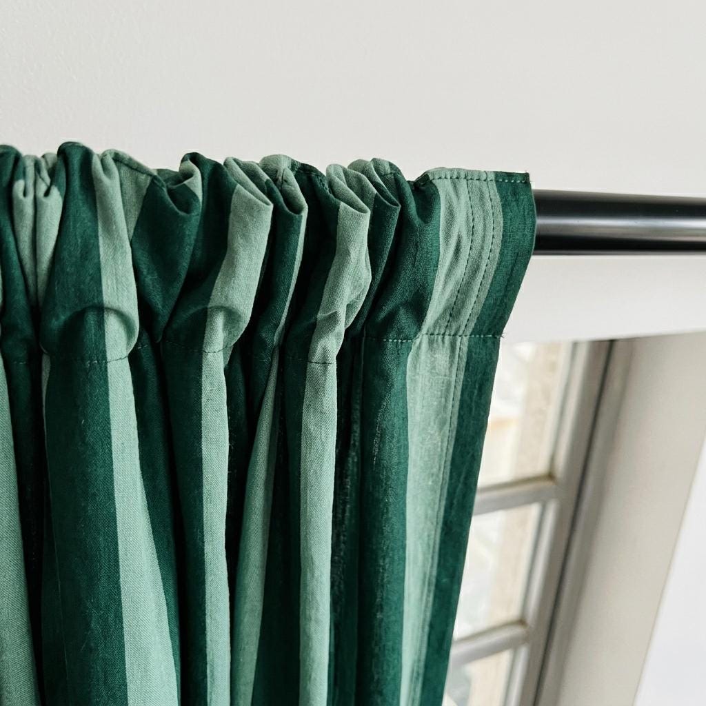 Green Striped Organic Cotton Curtains, Hand Block Print Drapes, Custom Panel — image 6