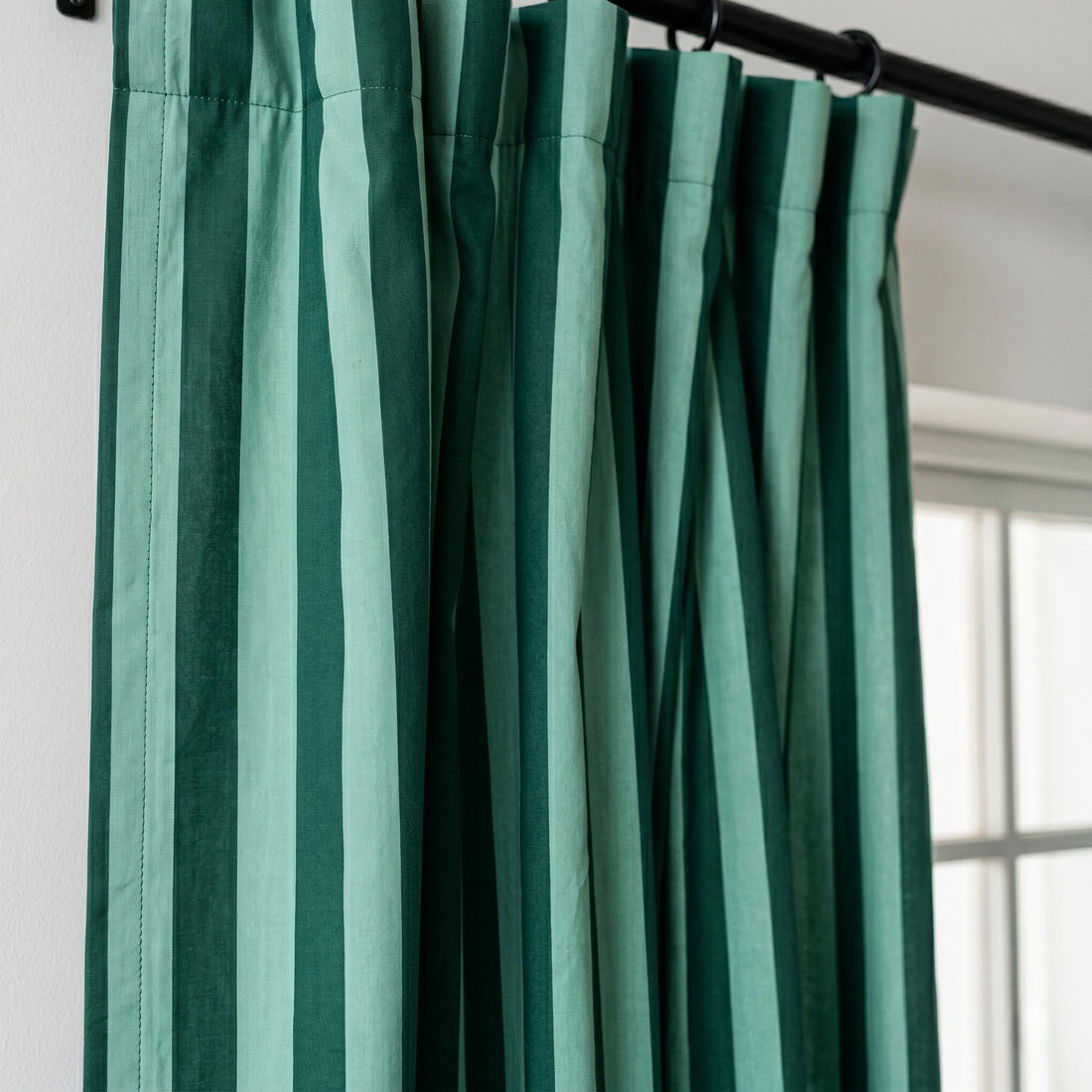 Green Striped Organic Cotton Curtains, Hand Block Print Drapes, Custom Panel — image 1