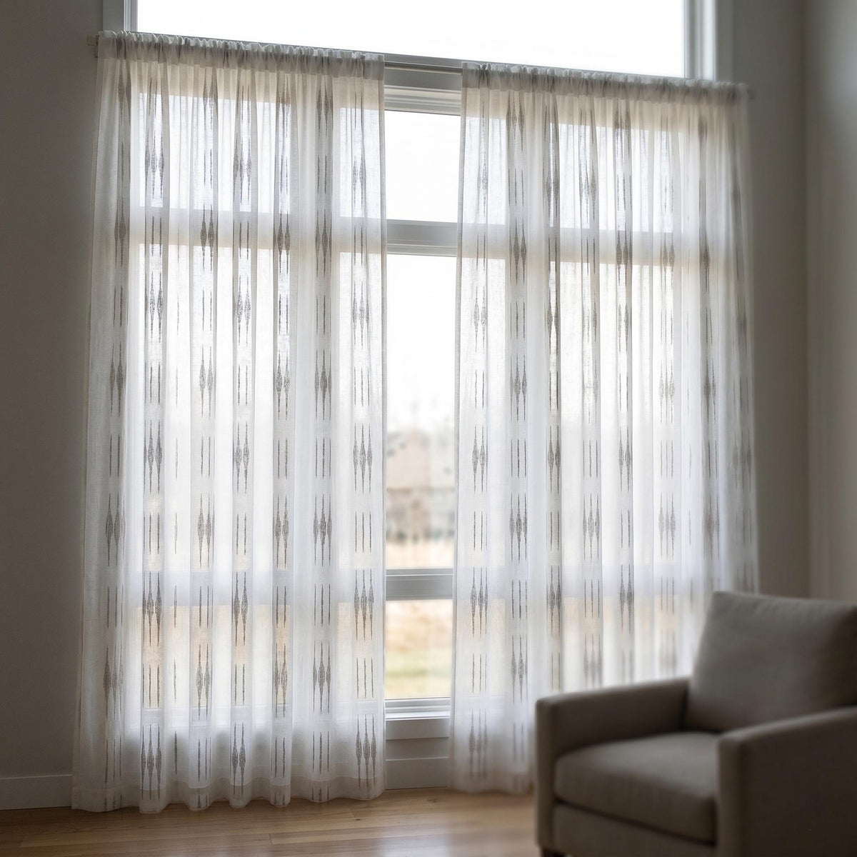 White Linen Sheer Curtains, Light Gray Embroidered Drapes, Custom Size Privacy Curtains for Living Room Bedroom — image 5