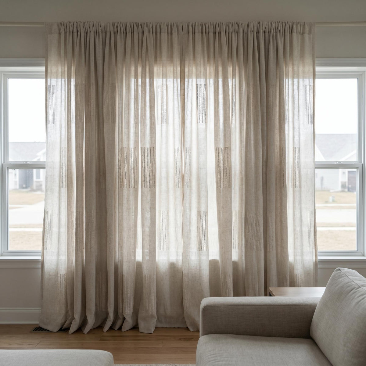Oatmeal Pure Linen Sheer Curtains, Cream Embroidered Drapes, Geometric Textured Privacy Panels, Custom Neutral Window Panels — image 4