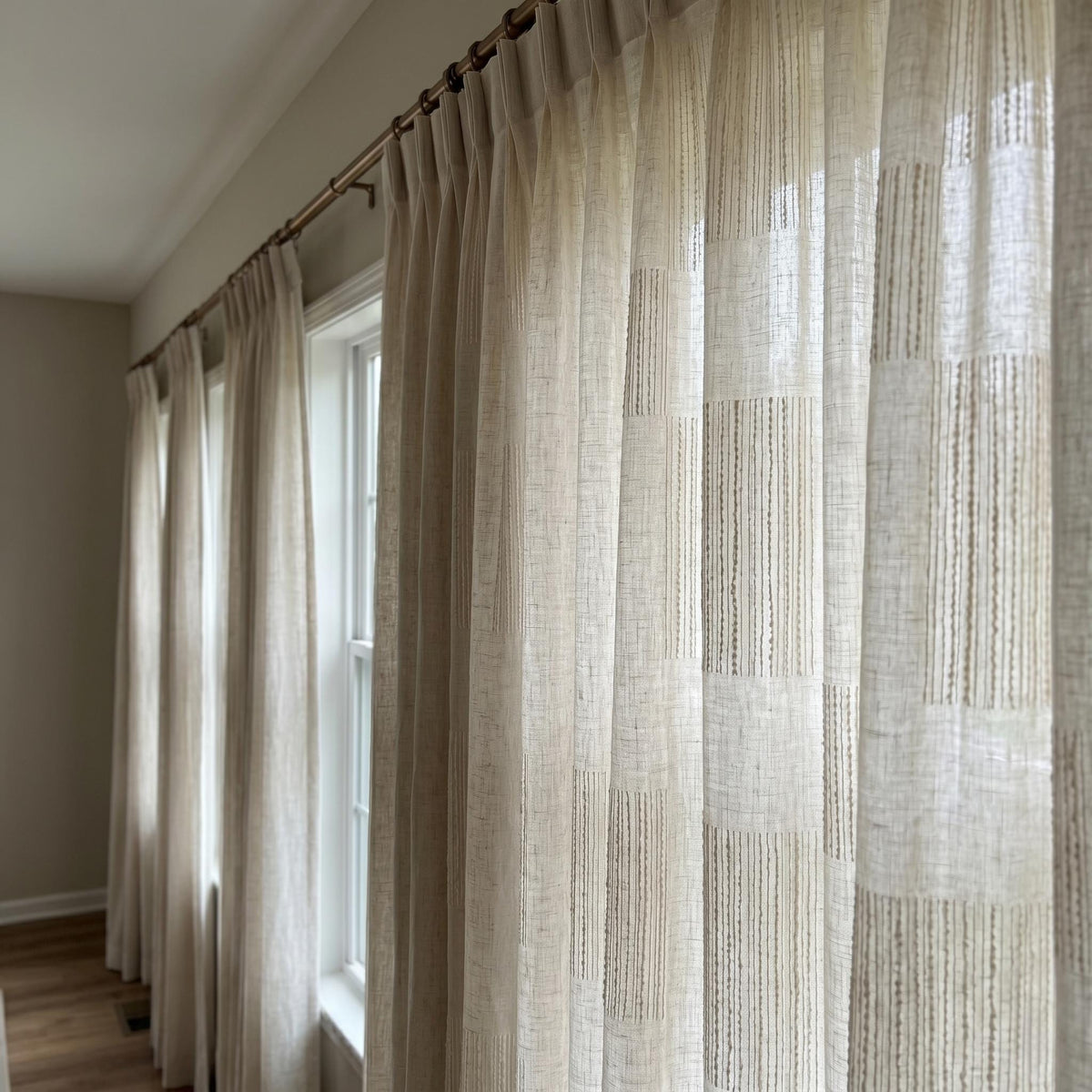 Oatmeal Pure Linen Sheer Curtains, Cream Embroidered Drapes, Geometric Textured Privacy Panels, Custom Neutral Window Panels — image 3