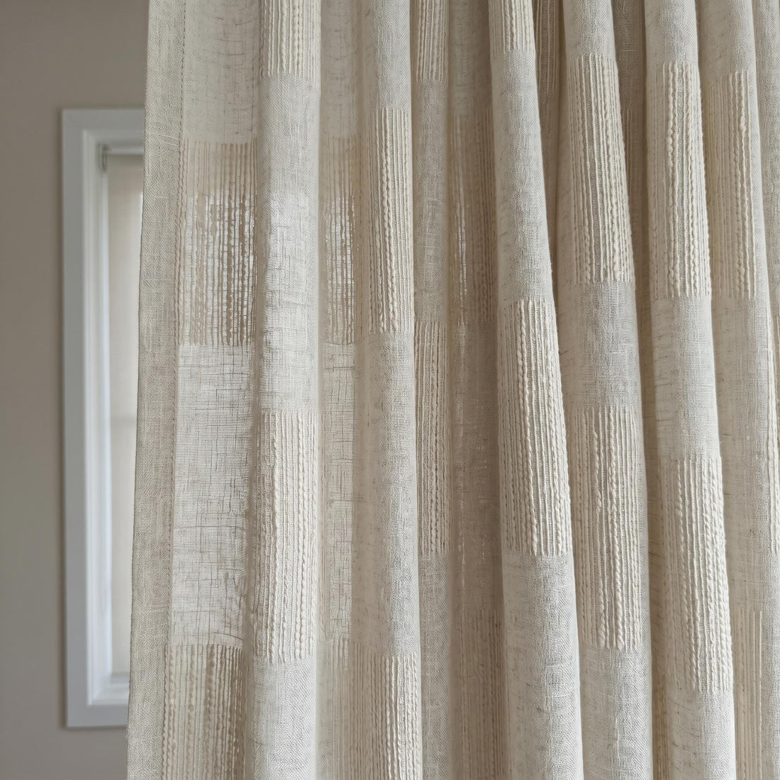 Oatmeal Pure Linen Sheer Curtains, Cream Embroidered Drapes, Geometric Textured Privacy Panels, Custom Neutral Window Panels — image 1