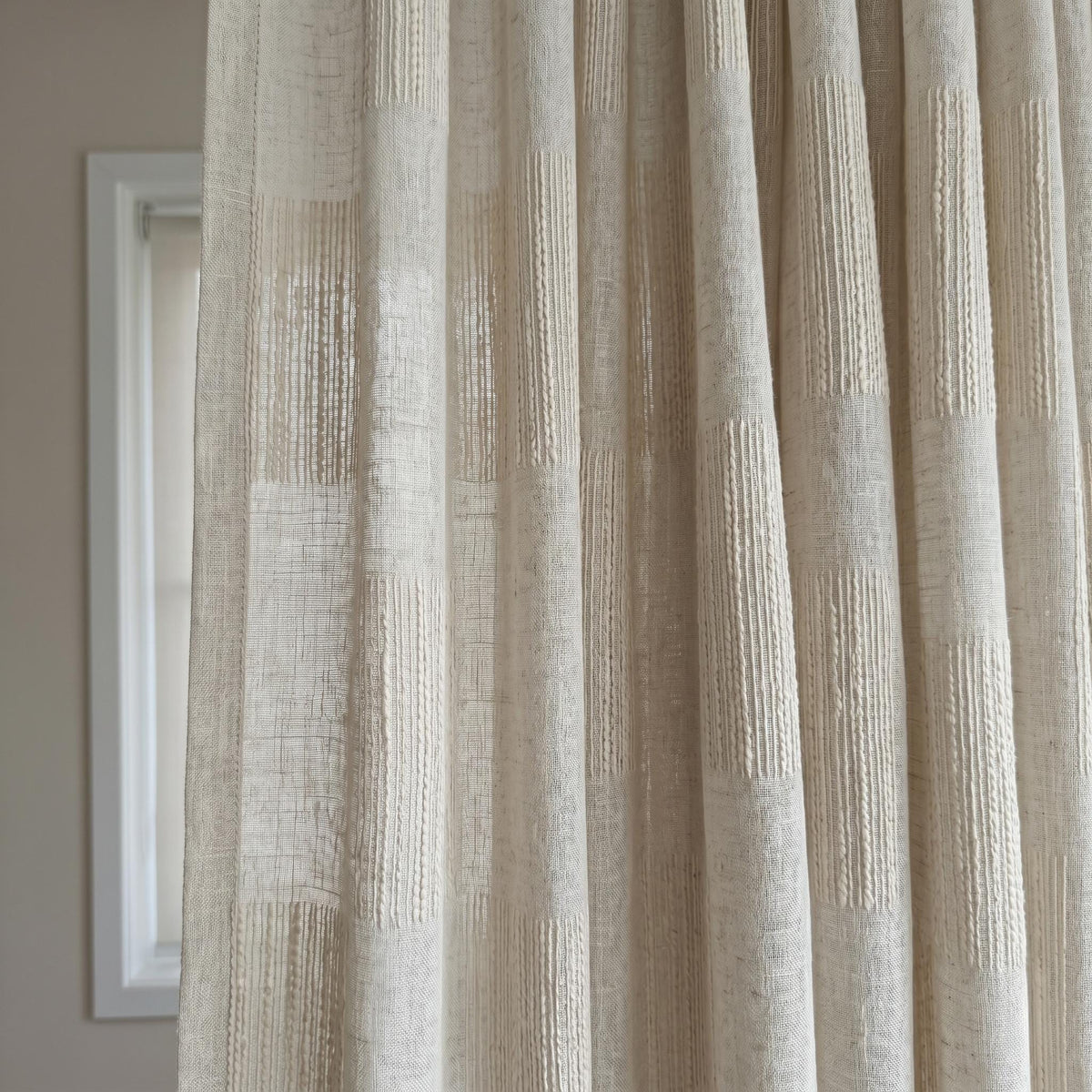 Oatmeal Pure Linen Sheer Curtains, Cream Embroidered Drapes, Geometric Textured Privacy Panels, Custom Neutral Window Panels — image 2