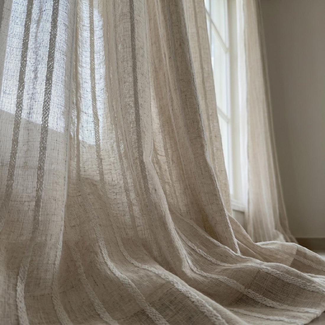 Oatmeal Linen Sheer Curtains, White Embroidered Stripe Drapes, Custom Neutral Privacy Panels, Rod or Track Window Curtains — image 1
