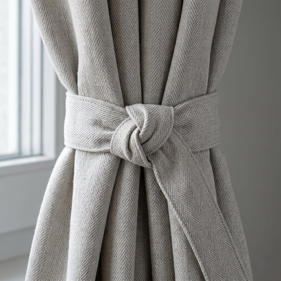 Light Greige Linen Herringbone Curtains, Heavy Natural Grey Drapes, Custom Blackout or Cotton Lined Panels — image 1