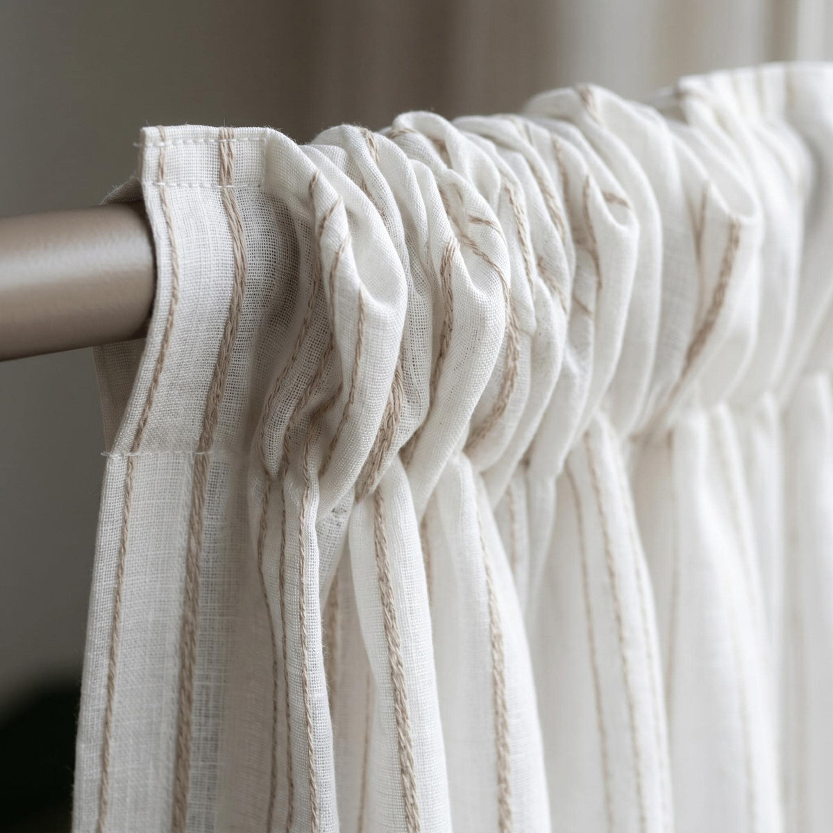 Pure White Linen Sheer Curtains, Taupe Embroidered Stripe Drapes, Custom Neutral Privacy Window Panels — image 2