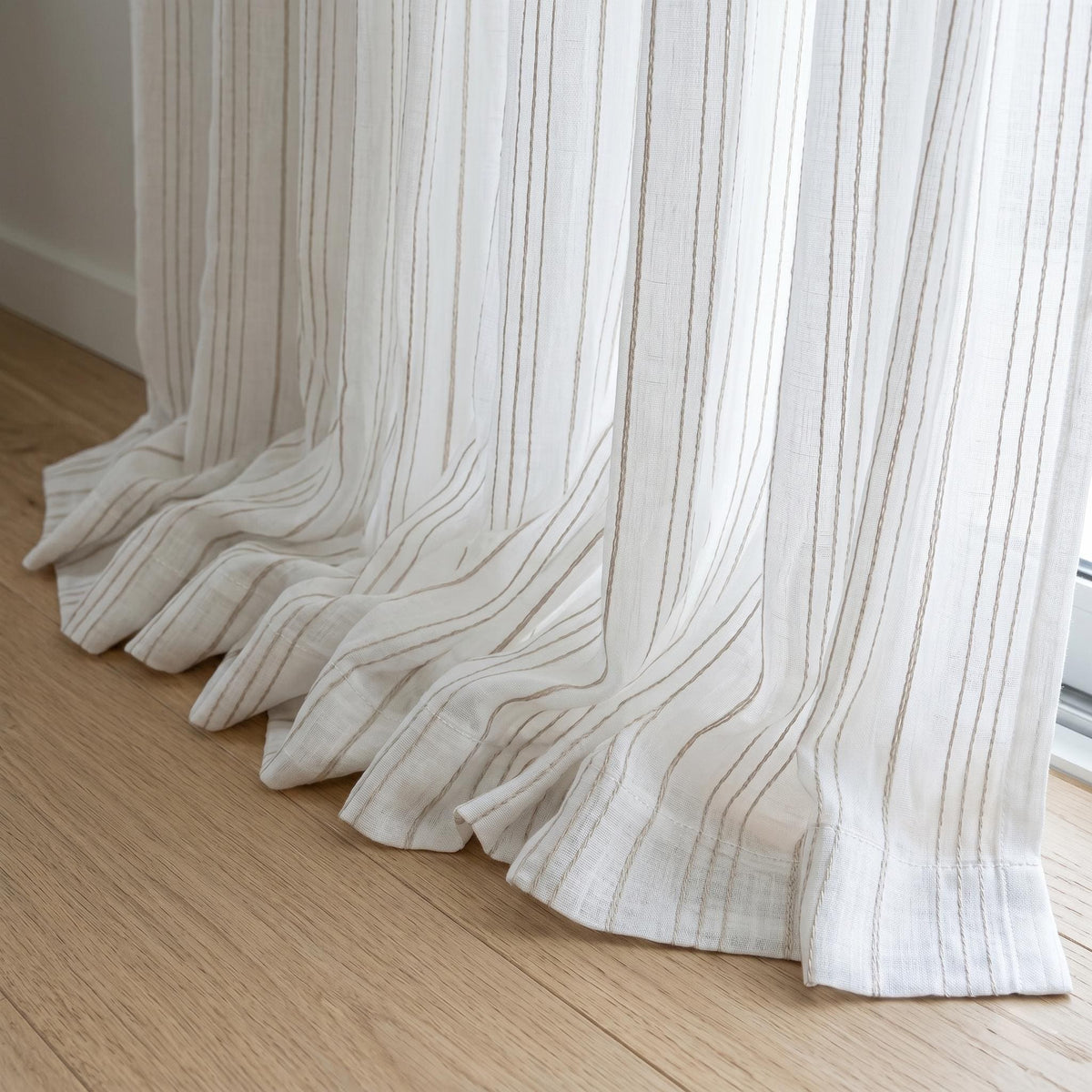 Pure White Linen Sheer Curtains, Taupe Embroidered Stripe Drapes, Custom Neutral Privacy Window Panels — image 5
