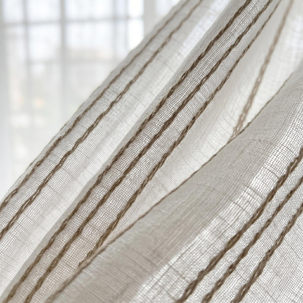Pure White Linen Sheer Curtains, Taupe Embroidered Stripe Drapes, Custom Neutral Privacy Window Panels — image 9
