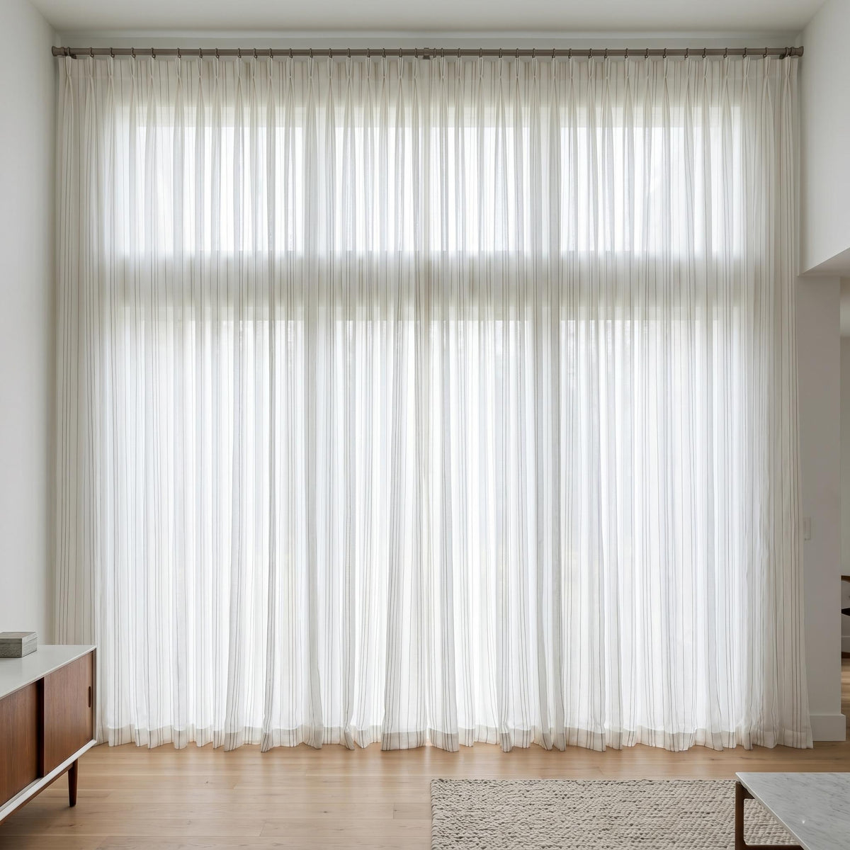 Pure White Linen Sheer Curtains, Taupe Embroidered Stripe Drapes, Custom Neutral Privacy Window Panels — image 10