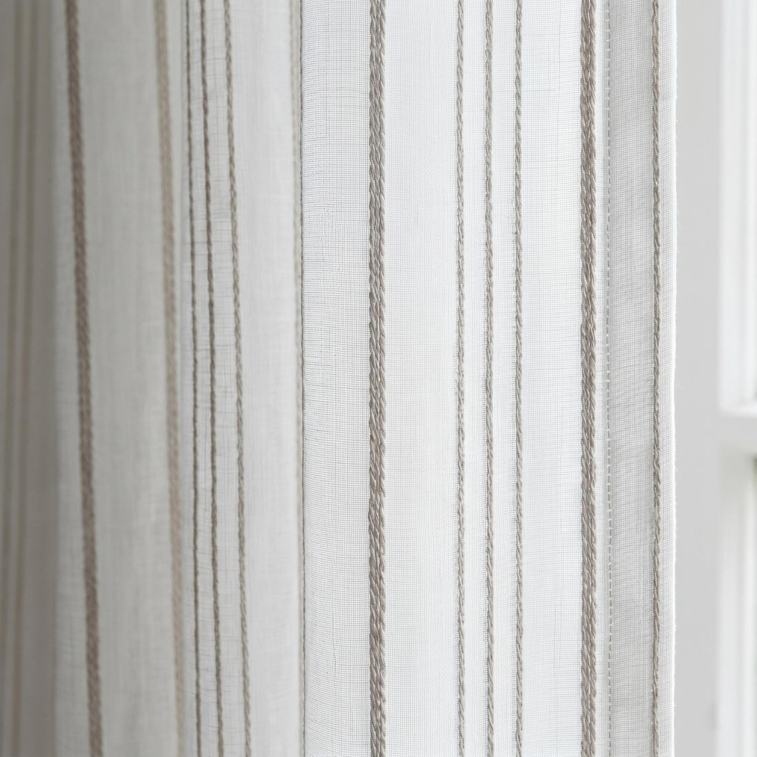 Pure White Linen Sheer Curtains, Taupe Embroidered Stripe Drapes, Custom Neutral Privacy Window Panels — image 1