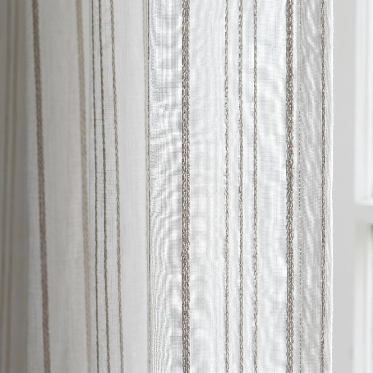 Pure White Linen Sheer Curtains, Taupe Embroidered Stripe Drapes, Custom Neutral Privacy Window Panels — image 1