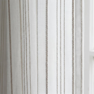 Pure White Linen Sheer Curtains, Taupe Embroidered Stripe Drapes, Custom Neutral Privacy Window Panels — image 1