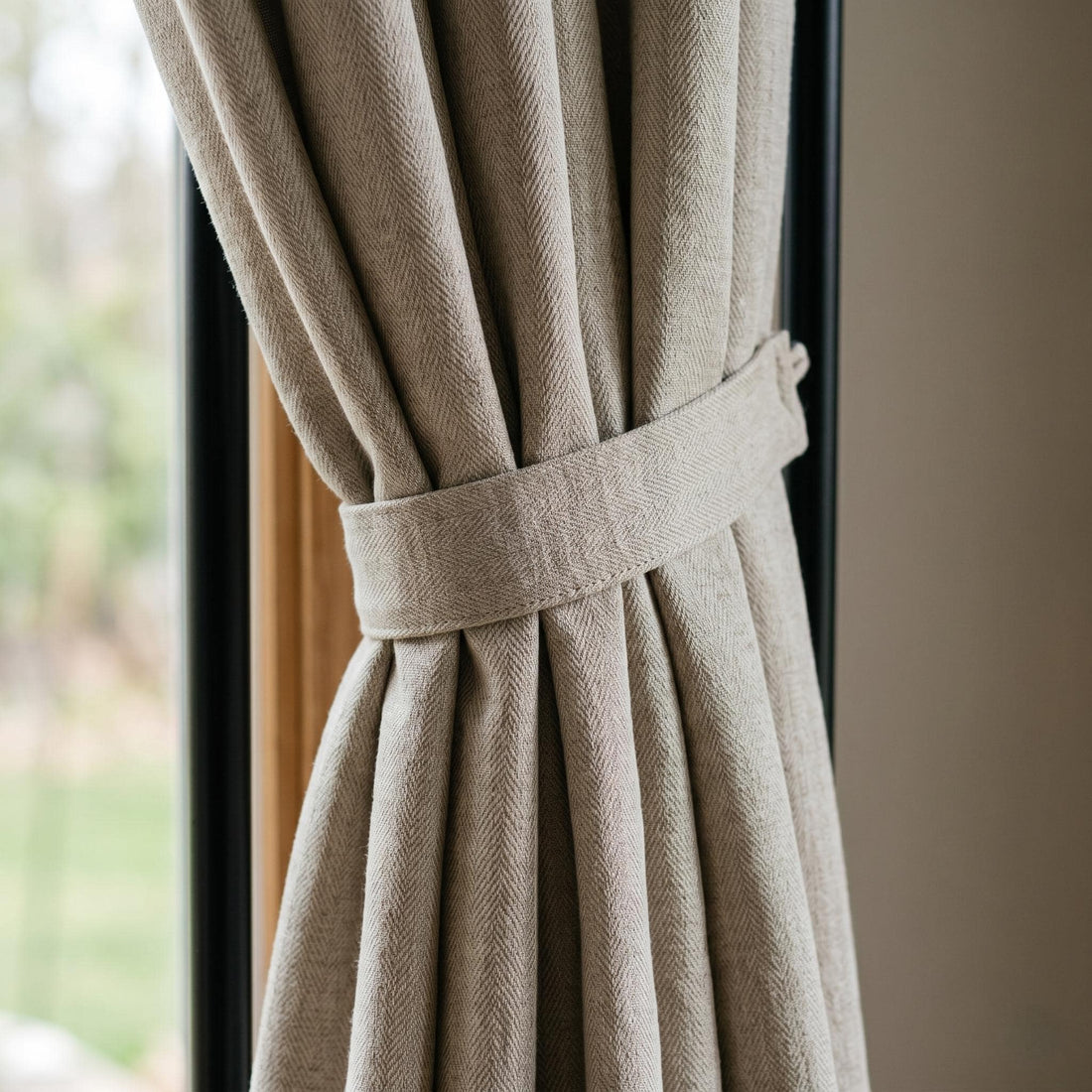 Natural Beige Pure Linen Herringbone Curtains, Oatmeal Taupe Farmhouse Drapes, Custom Blackout or Cotton Lined Panels — image 1