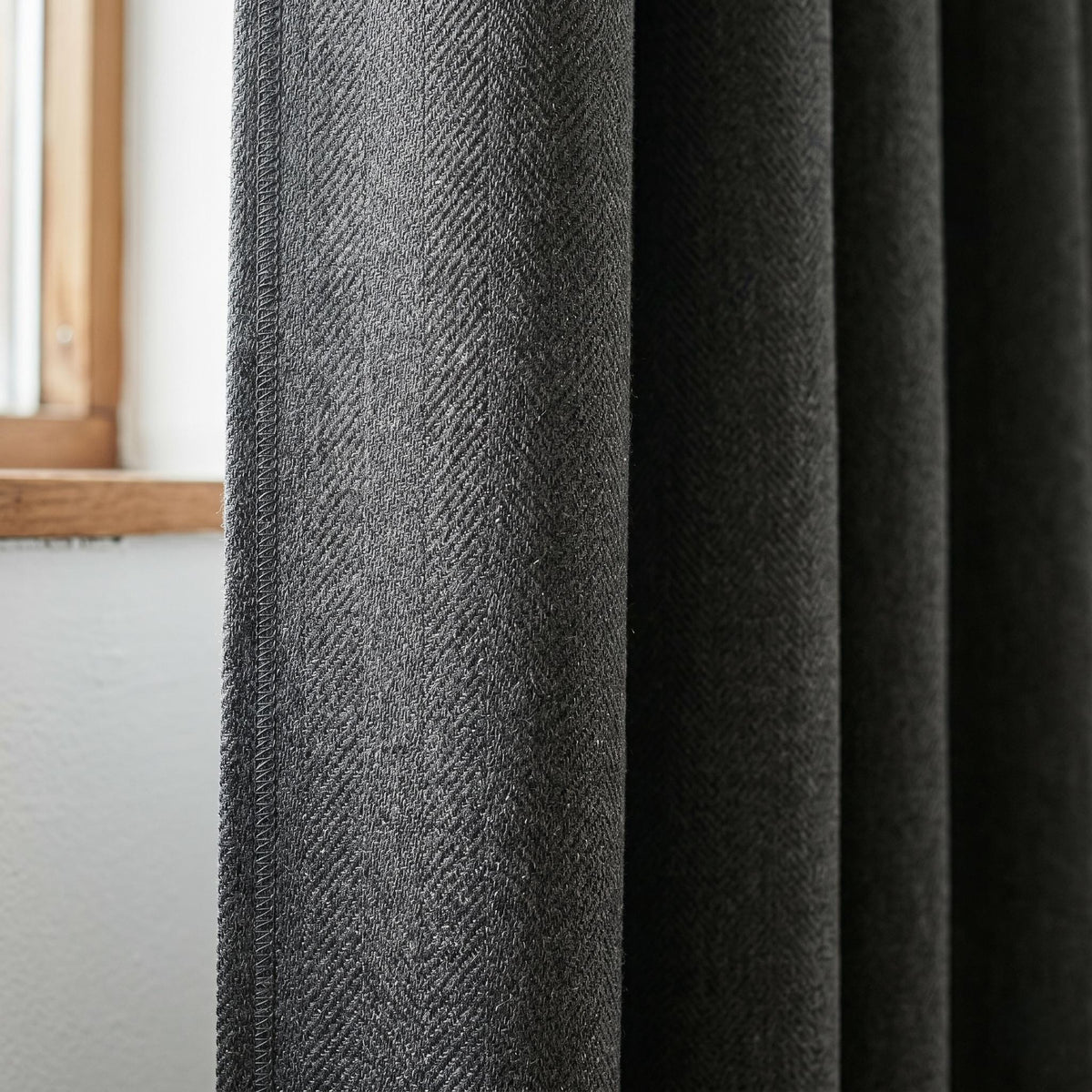 Dark Charcoal Pure Linen Herringbone Curtains, Custom Blackout Drapes, Organic Cotton Lined Panels, Grommet Curtains — image 1