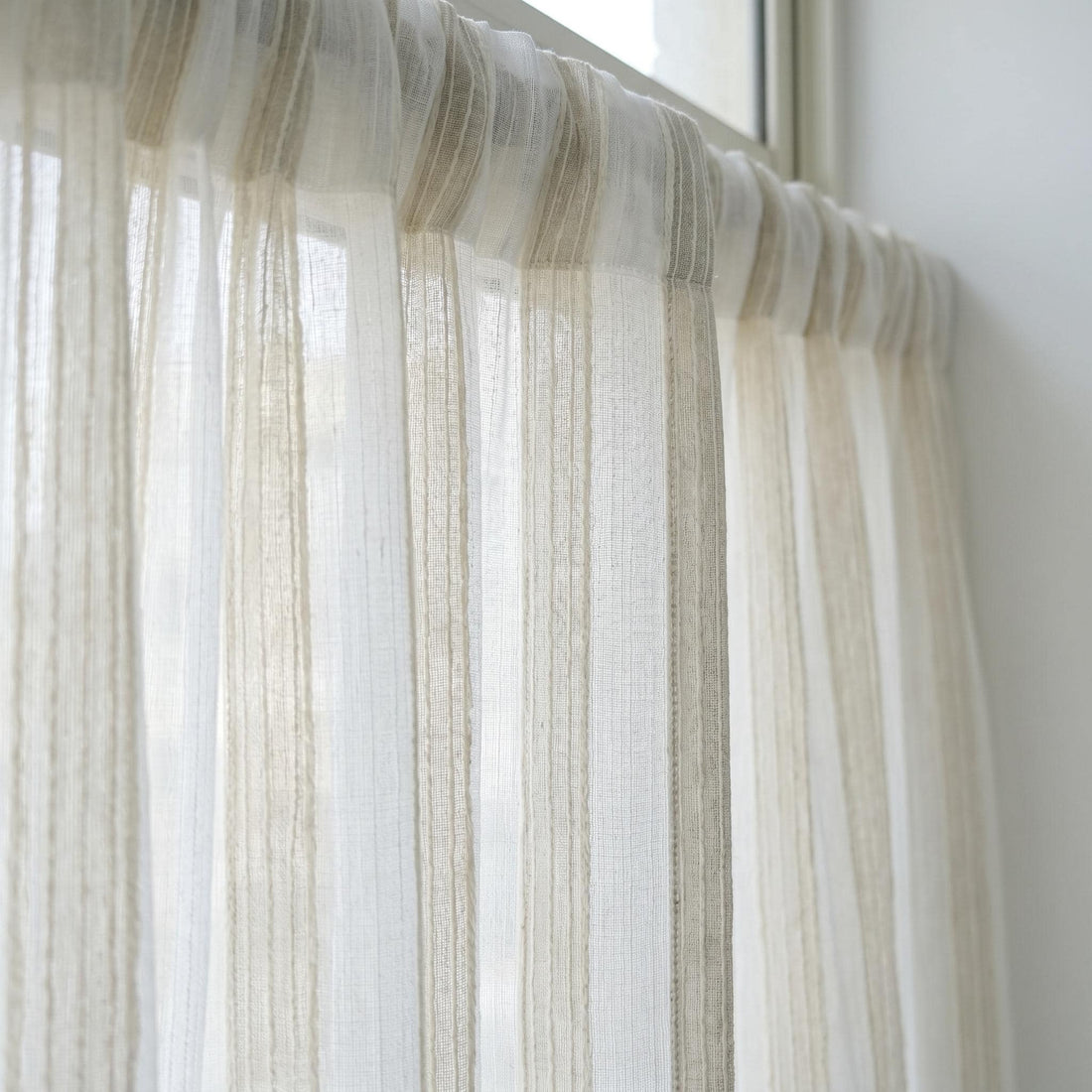White Linen Sheer Curtains, Cream Embroidered Stripe Drapes, Custom Neutral Privacy Window Panels for Rod or Track — image 1