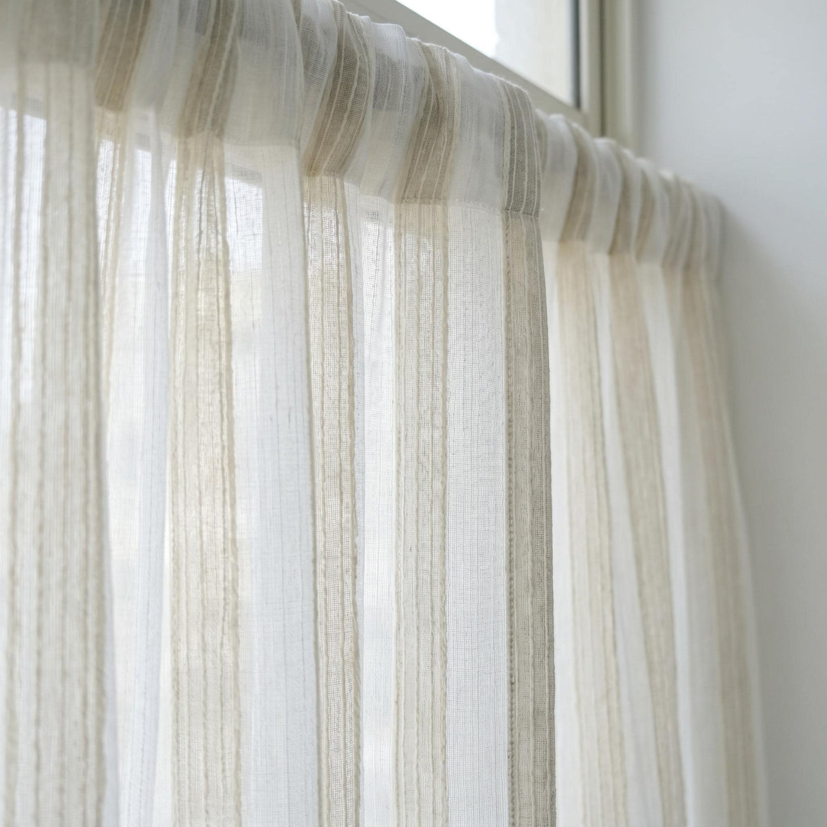 White Linen Sheer Curtains, Cream Embroidered Stripe Drapes, Custom Neutral Privacy Window Panels for Rod or Track — image 2