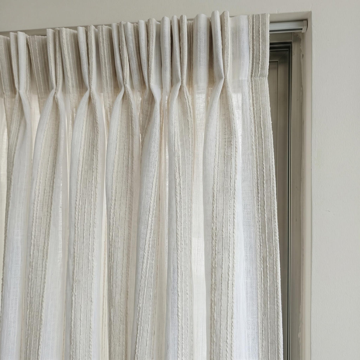 White Linen Sheer Curtains, Cream Embroidered Stripe Drapes, Custom Neutral Privacy Window Panels for Rod or Track — image 7