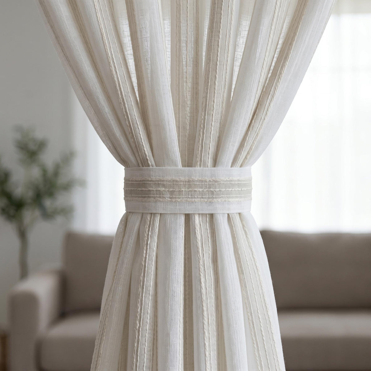 White Linen Sheer Curtains, Cream Embroidered Stripe Drapes, Custom Neutral Privacy Window Panels for Rod or Track — image 4