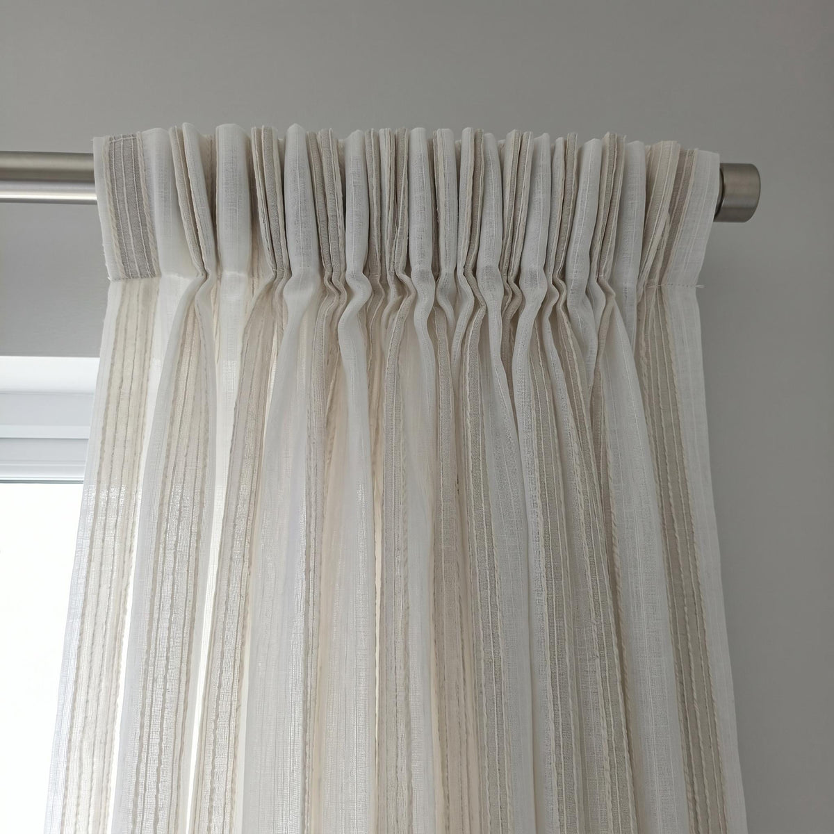 White Linen Sheer Curtains, Cream Embroidered Stripe Drapes, Custom Neutral Privacy Window Panels for Rod or Track — image 6