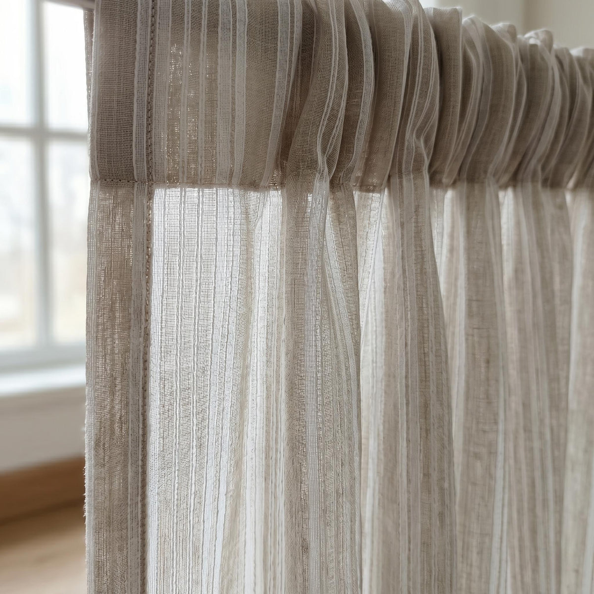 Natural Taupe Linen Sheer Curtains, Pure White Embroidered Stripe Drapes, Custom Neutral Privacy Window Panels — image 2