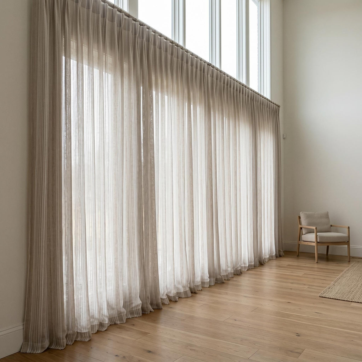 Natural Taupe Linen Sheer Curtains, Pure White Embroidered Stripe Drapes, Custom Neutral Privacy Window Panels — image 6