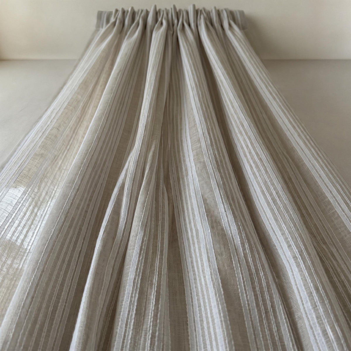 Natural Taupe Linen Sheer Curtains, Pure White Embroidered Stripe Drapes, Custom Neutral Privacy Window Panels — image 9