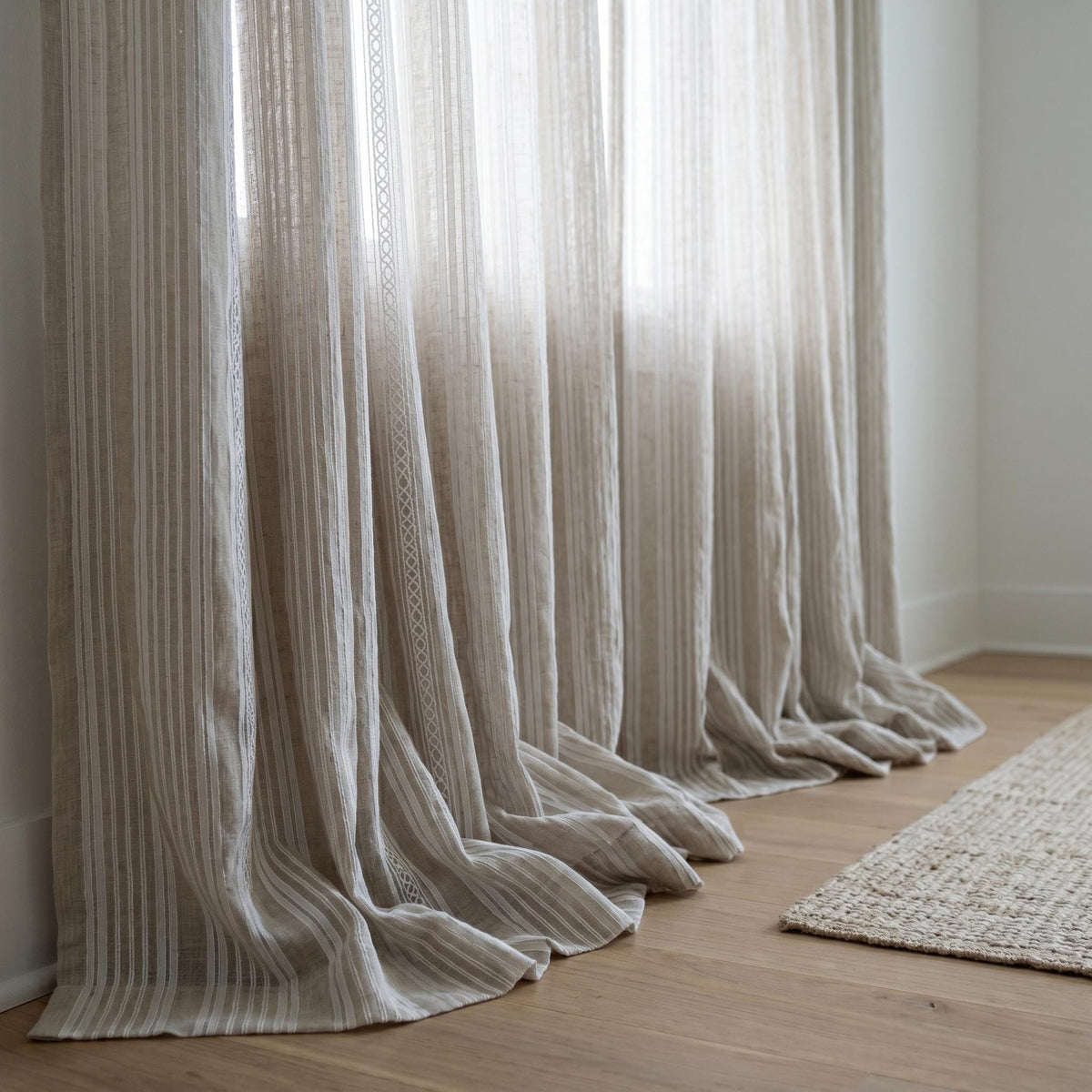 Natural Taupe Linen Sheer Curtains, Pure White Embroidered Stripe Drapes, Custom Neutral Privacy Window Panels — image 3