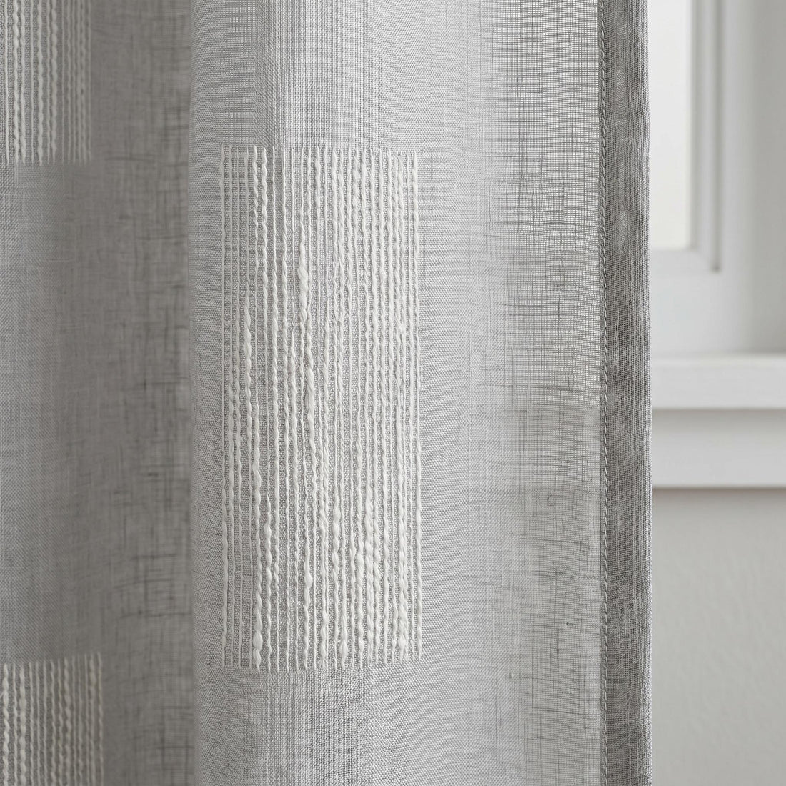Light Grey Pure Linen Sheer Curtains, Off White Embroidered Drapes, Geometric Privacy Panels, Custom Curtains — image 1