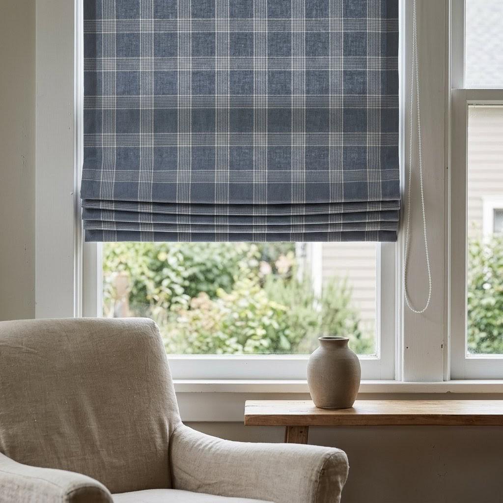 Dusty Blue Plaid Linen Roman Shade, Farmhouse Window Blind, OEKO-TEX — image 9
